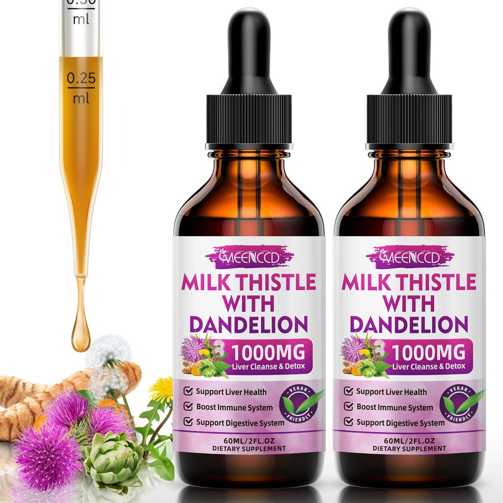 2 Pack Milk Thistle Picături lichide - Ficat Cleanse Detoxifiere & Reparație - 1000 mg Milk Thistle Supliment pentru suport hepatic, Silymarin Ficat Supliment pentru Sănătatea Ficatului, Vegan, Non-GMO, 4 Fl Oz