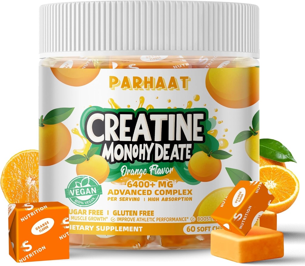 Creatine Monohidrat Chews Complex 6400mg pentru bărbaţi şi femei -Advanced Formula W/L-Taurină + vitamina B12, Sugar Free Chembable Suplement,60 Orange Softchews