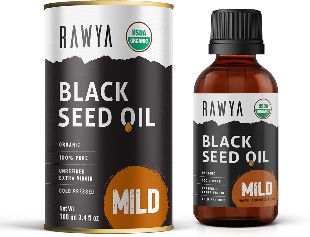 RAWYA Black Seed Oil - Cold Presed - Black Cumin Seed - Premium Nigella Sativa - Omega 3 6 9 - Kalonji pentru piele si par sanatos - Non-GMO, Gluten-Free - Ulei de wellness - Aroma usoara - 3.4 Fl Oz