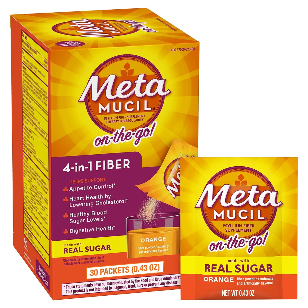Metamucil On-the-go, Daily Psyllium Husk Powder Supplement with Real Sugar, 4-in-1 Fiber for Digestive Health, Orange Smooth Flavored Drink, 2 pack x 30 count = 60 Packs Total