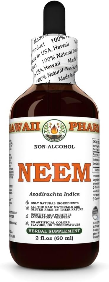 Neem Alcool-Liquid Extract, Organic Neem (Azadirahta Indica) Leaf uscat Glicerite naturale Herbal Supliment, Hawaii Pharm, Statele Unite ale Americii 2 fl.oz