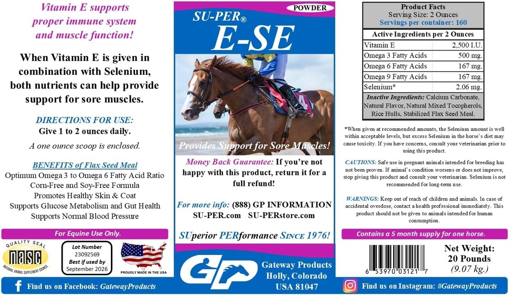 SU-PER E-Se Cai supliment antioxidant - Vitamina E & Seleniu pentru suport musculare sore - 20 Lire