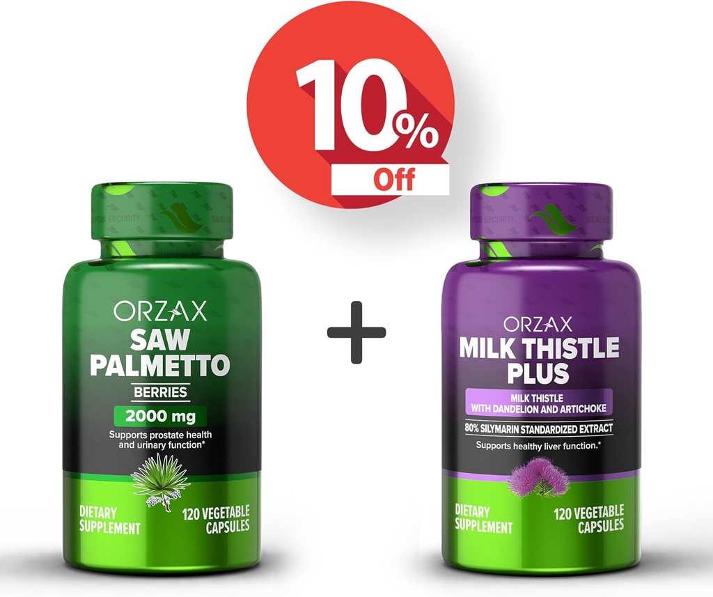 OrzAX Saw Palmetto 2000 mg 120 capsule Vegatable şi Milk Thistle Plus cu Dandelion 120 Capsule Vegatable, Bundle