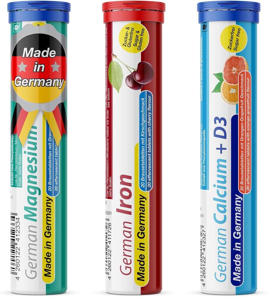 T&D German Mineral Plus Pachet 60 Serviri - Vegan, Zero Zahăr - Bea tablete Effervescent - Fier, calciu, magneziu Pharma - Made in Germany