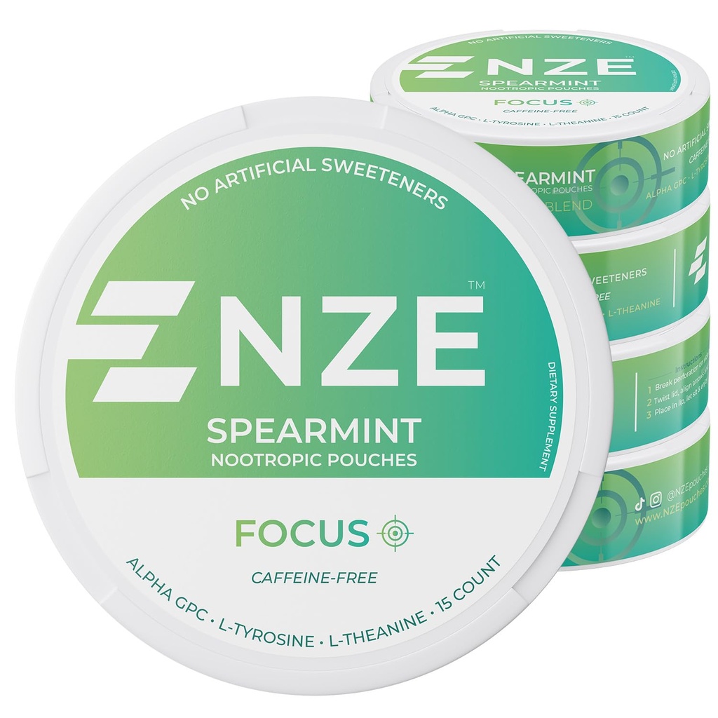 NZE Caffeine Pouches Nootropice Free (Spearmint) - Nootrop Pouchs with Alpha GPC, L-Tyrosine & L-Theanină - No Sugar or Artificial Sweeteners - 15 Nicotine Free Pouchs Per Can - 5 Pack