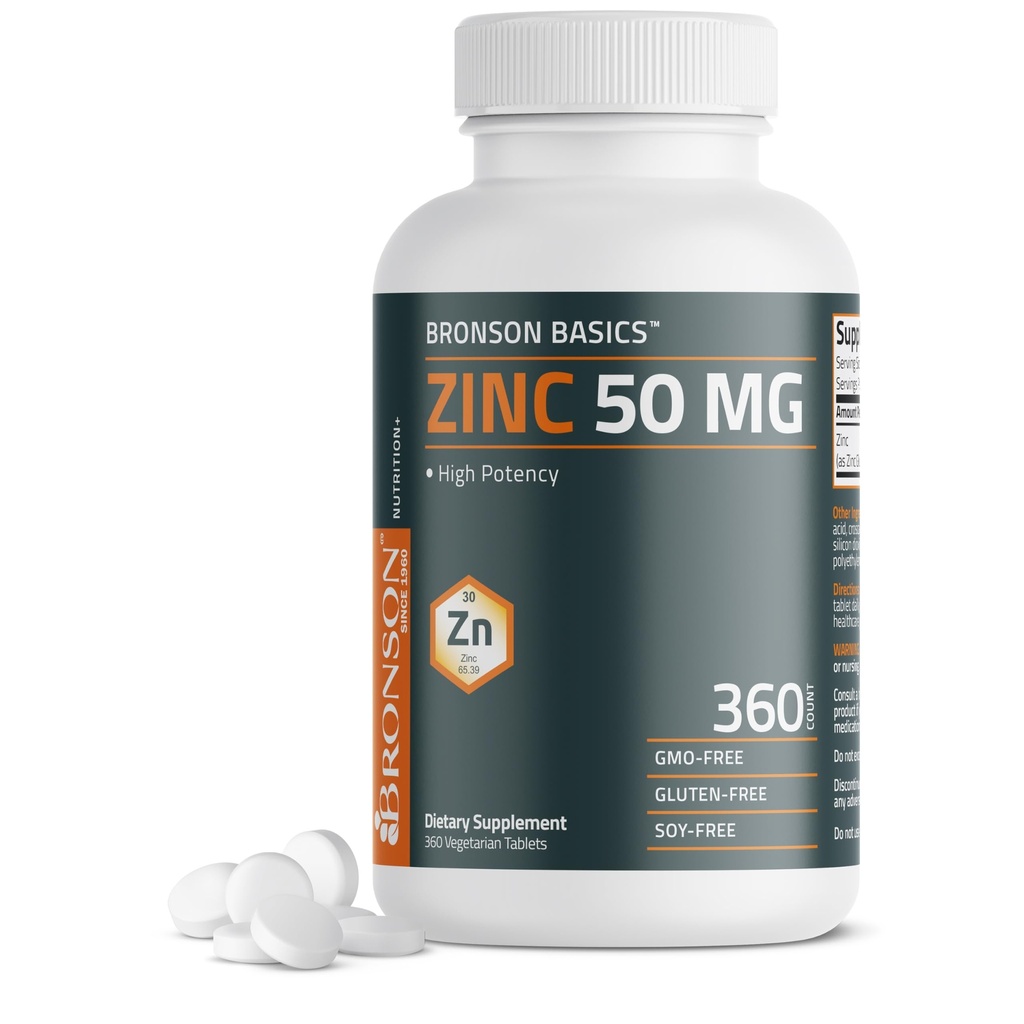 Bronson Zinc 50 MG mare potenta sustine imun, antioxidant si sanatatea pielii - non-GMO, 360 comprimate vegetariene
