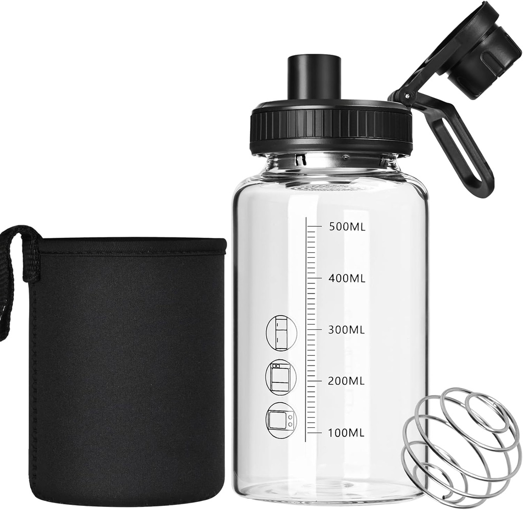 Sticla Shaker de sticlă,22oz BPA-Free Odorless Shaker Sticla cu 304 Ball din oțel inoxidabil și Perie de curățare detașabil pentru amestecuri de proteine fitness (1Pachet)