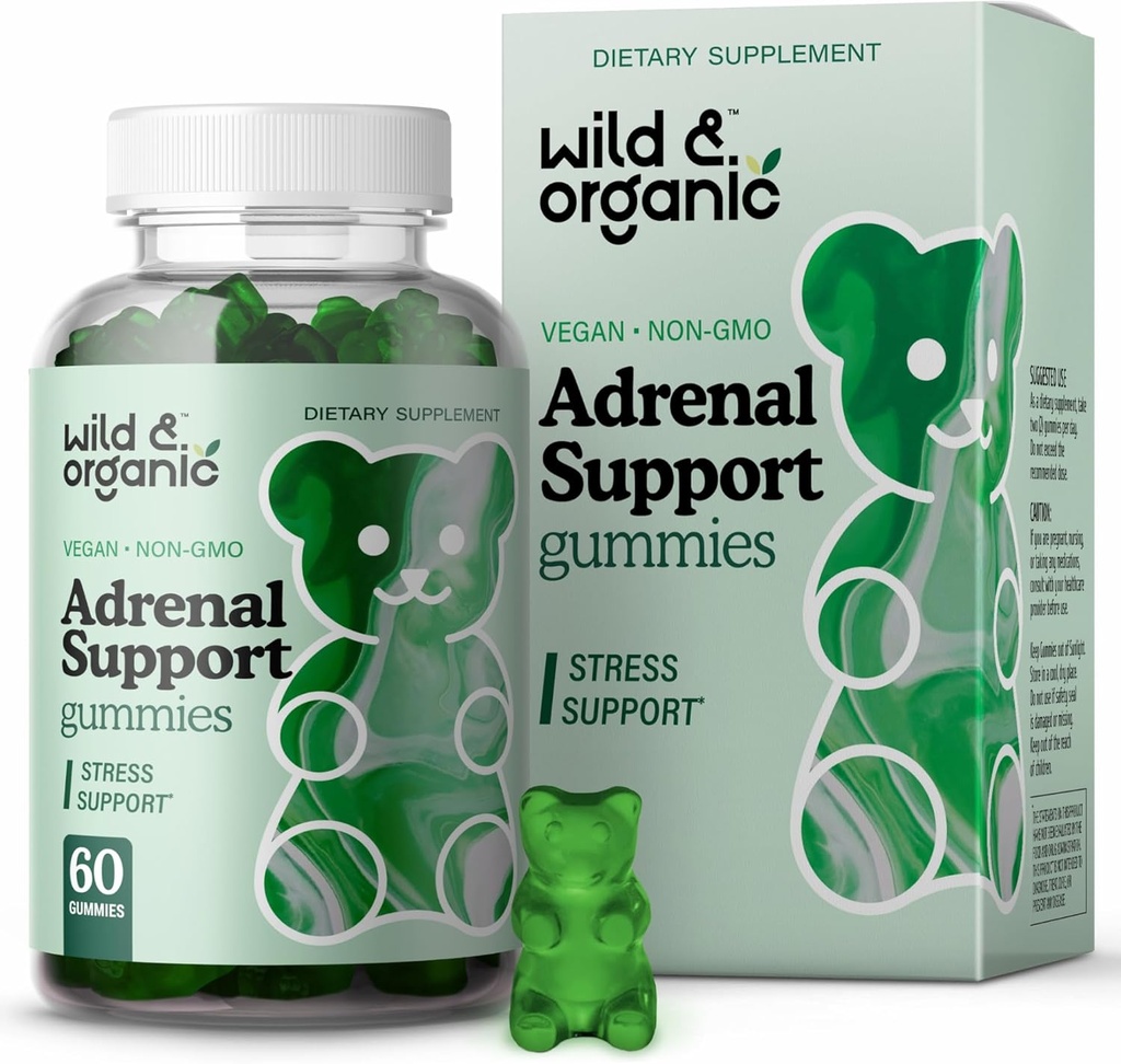 Gume de sprijin adrenale sălbatice și organice - Suplimente de sprijin adrenal pur pentru femei și bărbați cu rădăcină Ashwagandha & Rhodiola Rosea - 60 Chews Pectin-Based