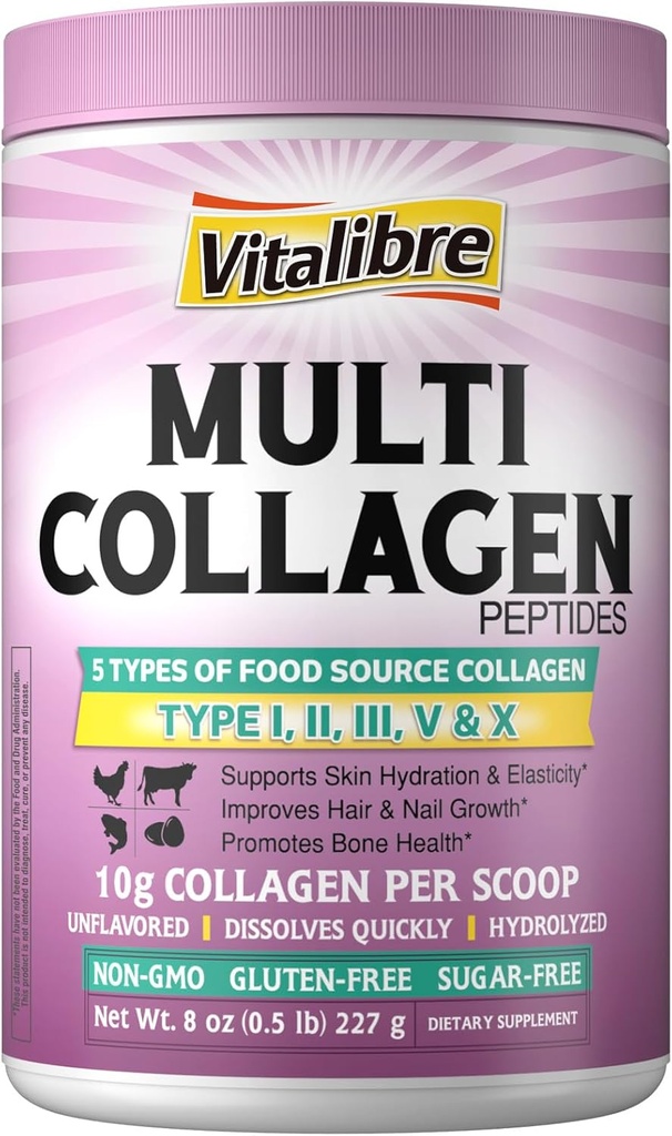 Multi Collagen Peptides Powder Type I II III V X, Hydrolyzed Collagen Protein for Women and Men, Skin, Hair, Nails, Unflavored, Non-GMO, Keto & GF, Zero Sugar, 22 Servings, 8oz