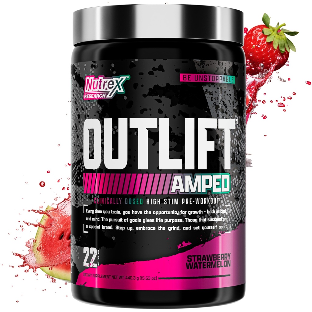 OUTLIFT Amped Max în doză mare STIM Pre Workout pulbere 6G Citrulină, 3.2G Beta Alanine, Alpha GPC, CognatiQ, Energie Extremă, Pompe masive, Electroliti (Pepene verde de pădure, 22 Serviri)