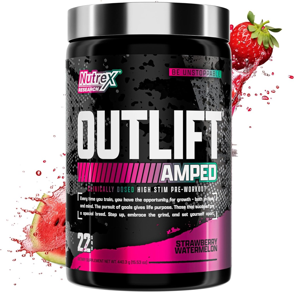 OUTLIFT Amped Max în doză mare STIM Pre Workout pulbere 6G Citrulină, 3.2G Beta Alanine, Alpha GPC, CognatiQ, Energie Extremă, Pompe masive, Electroliti (Pepene verde de pădure, 22 Serviri)