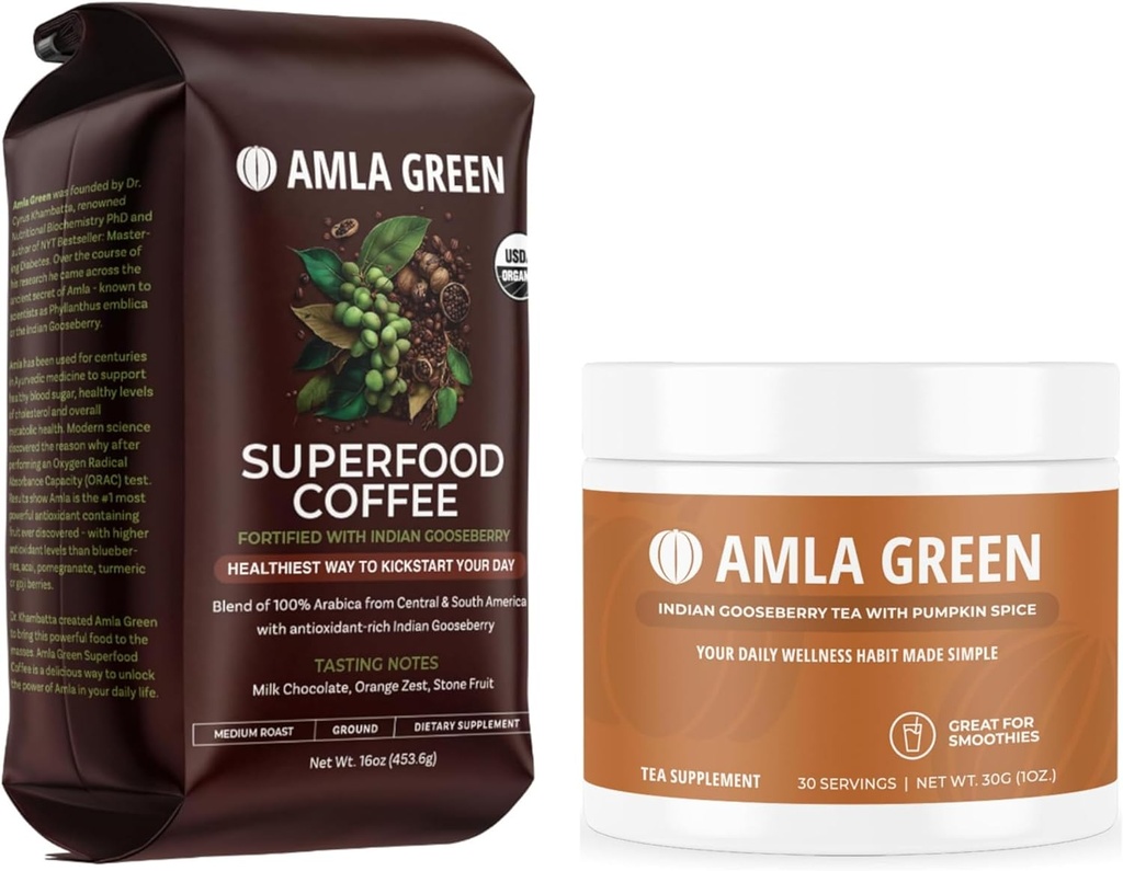 Amla Green Organic Ground Superfood Cafea și Amla Powder Superfood Supliment cu Spice dovleac, 20x Ultra concentrat Amla