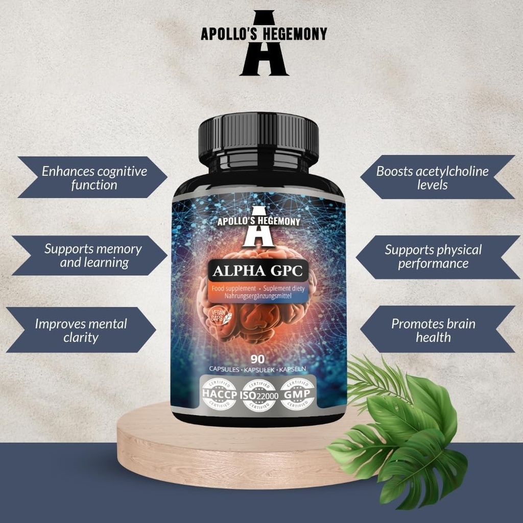 HEGEMONY Alpha-GPC APOLLO 600 mg per doză zilnică - 90 capsule de colină Vegană - 99% Supliment alimentar alfoscerat colină - Choline lipide - capsule de memorie și concentrare