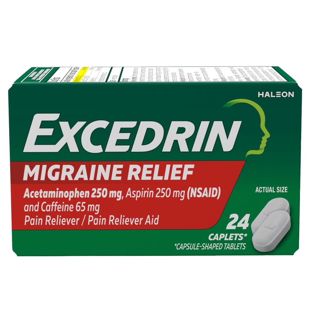 Excedrin Migrene Relief Caplete pentru simptome de migrenă, Acetaminofen 250mg, Aspirină 250mg, Cafeină 65mg, Durere Reliever, 24 Conte