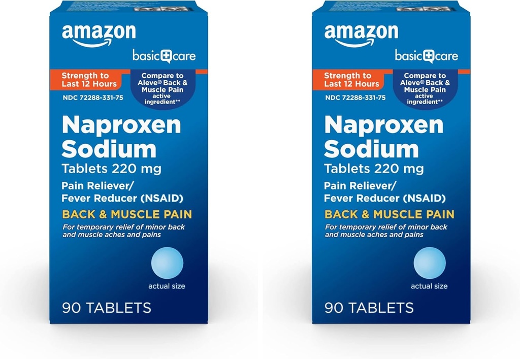 Îngrijire de bază înapoi și dureri musculare, naproxen tablete de sodiu 220 mg, Reliever durere și Reducator de febră, pentru dureri de spate, dureri musculare, dureri minore de artrită, dureri de cap și mai mult, 90 Conte (Pachet de 2)