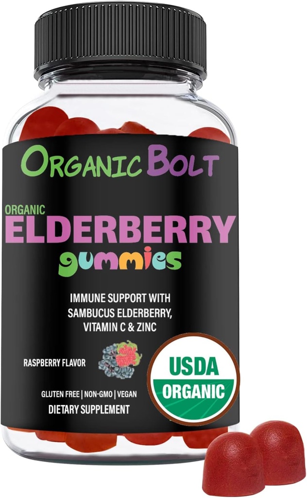USDA Organic Elderberry Gummies - Potență mare 150mg Gume organice elderberry pentru adulți și copii cu vitamina C & Zinc - Suport imun Gumies - Vegan, Gelatină & Gluten gratuit - 60 Conte
