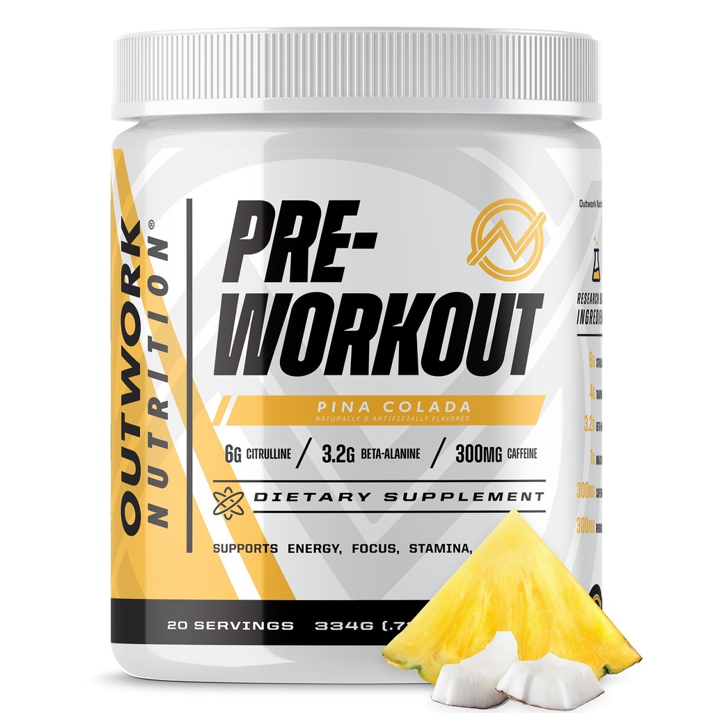 Afara de lucru Nutriție Preworkout pentru bărbați și femei - Nootropic Pre Workout fără Creatină, Pre-Workout pulbere cu Taurina Rhodiola Citruline Malate Beta Alanine Cafeina (Pina Colada)