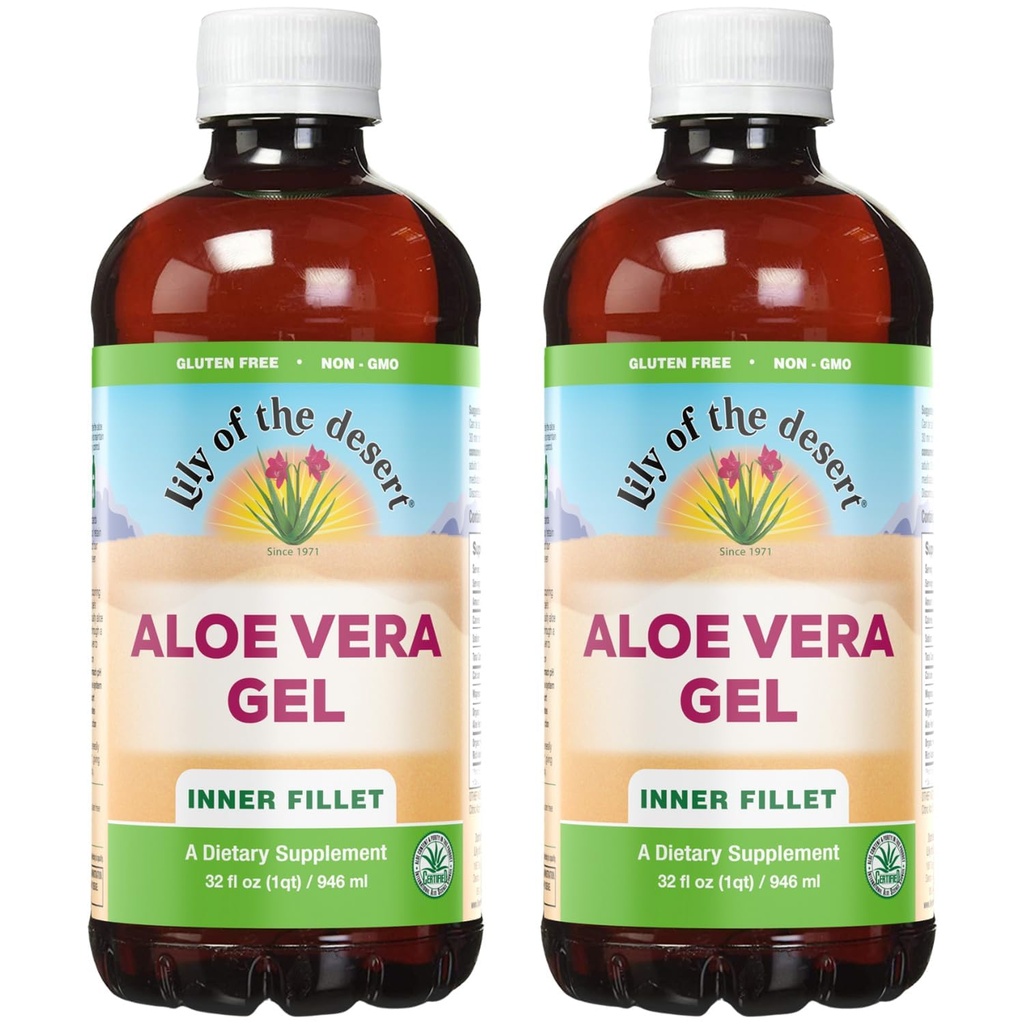 Lily of the Desert Aloe Vera Gel - Inner Fillet Thischer Coerence Aloe Vera Bea cu vitamine naturale, Enzime digestive pentru sănătate gută, Stomac Relief, Wellness, Glowing Skin, 32 Oz (Pachet de 2)