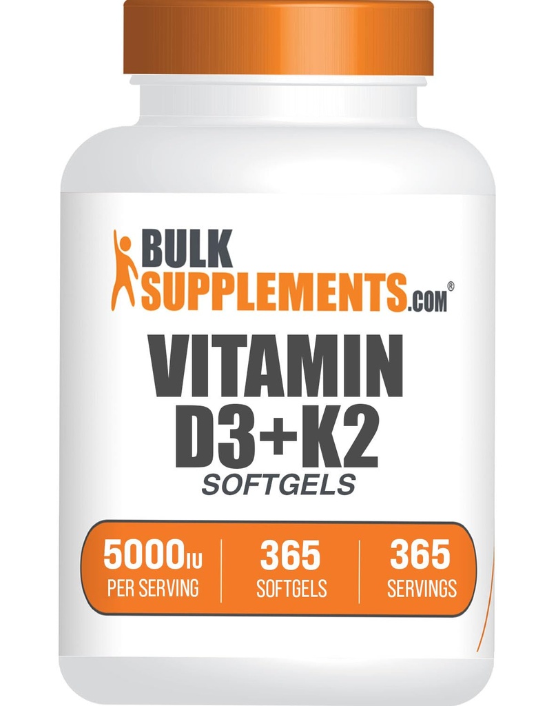 BulkSupplements.com Vitamina D3 + K2 5000 UI Softgels - D3 K2 Supliment, pentru sănătatea imună - Gluten Free, 1 Softgel per Serving, 365 Conte (Pachet de 1)