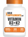 BulkSupplements.com Vitamina D3 + K2 5000 UI Softgels - D3 K2 Supliment, pentru sănătatea imună - Gluten Free, 1 Softgel per Serving, 365 Conte (Pachet de 1)