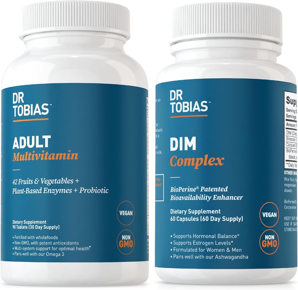 Dr. Tobias Adult Multivitamine & DIM Complex, Suportă Energie, Imun și Hormon Echilibru pentru bărbați și femei cu 42 de fructe și legume, BioPerine, Broccoli Extract & Calciu, Non-GMO