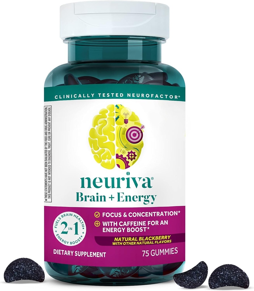 NEURIVA Brain + Energy Gummies, Nootropic Creier Suplimente pentru Focus si Concentrare cu Neurofactor, Vitamina B12 & Cofeina pentru un Boost de energie*, 75ct Natural BlackBerry