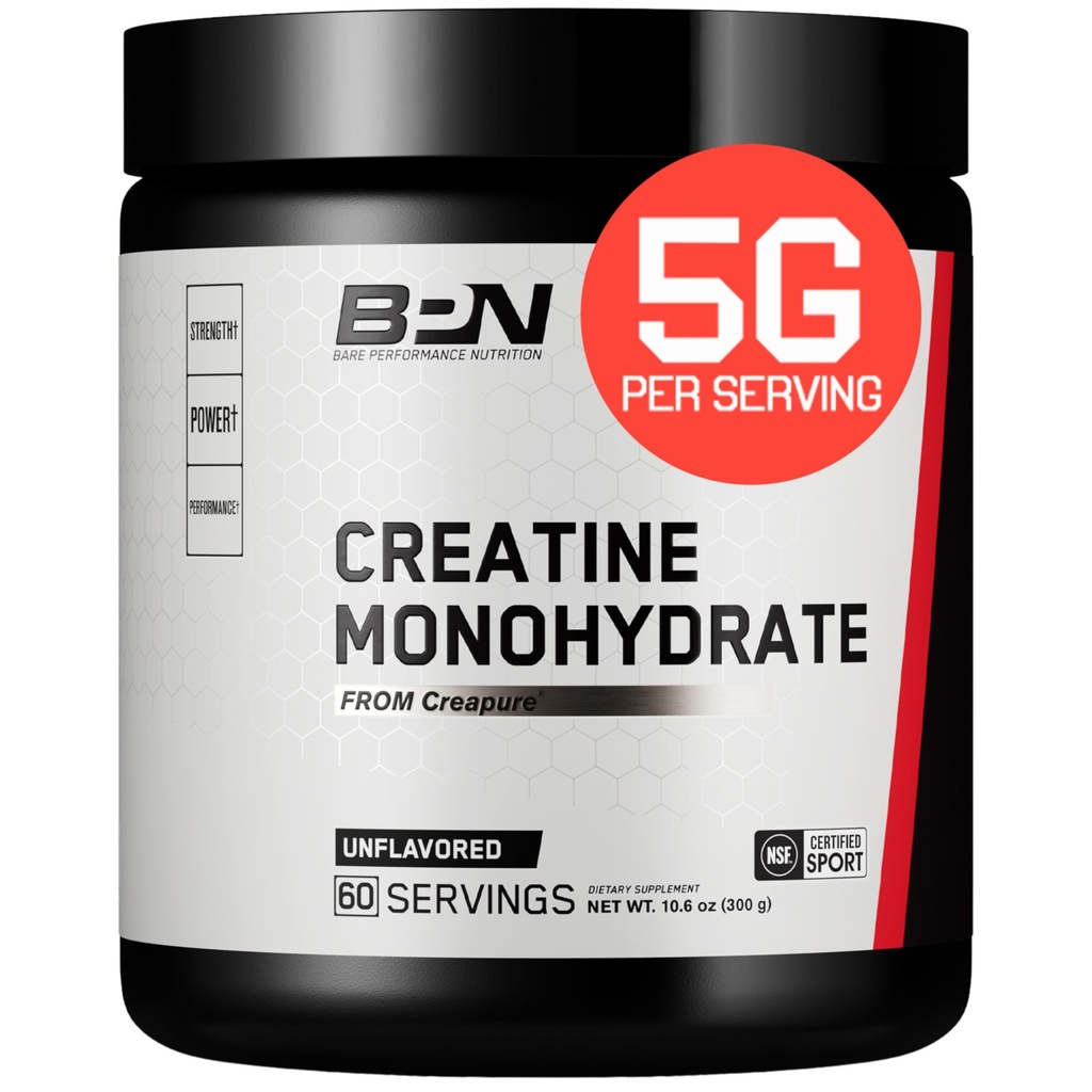 NUTRIŢIE DE PERFORMANŢĂ BARE, Pudră pură de Creatină monohidrată de Creatură, 5g de Creatină per Serving, Sprijină Creşterea musculară, Pulbere Creatină Nearomată, 60 Serviri
