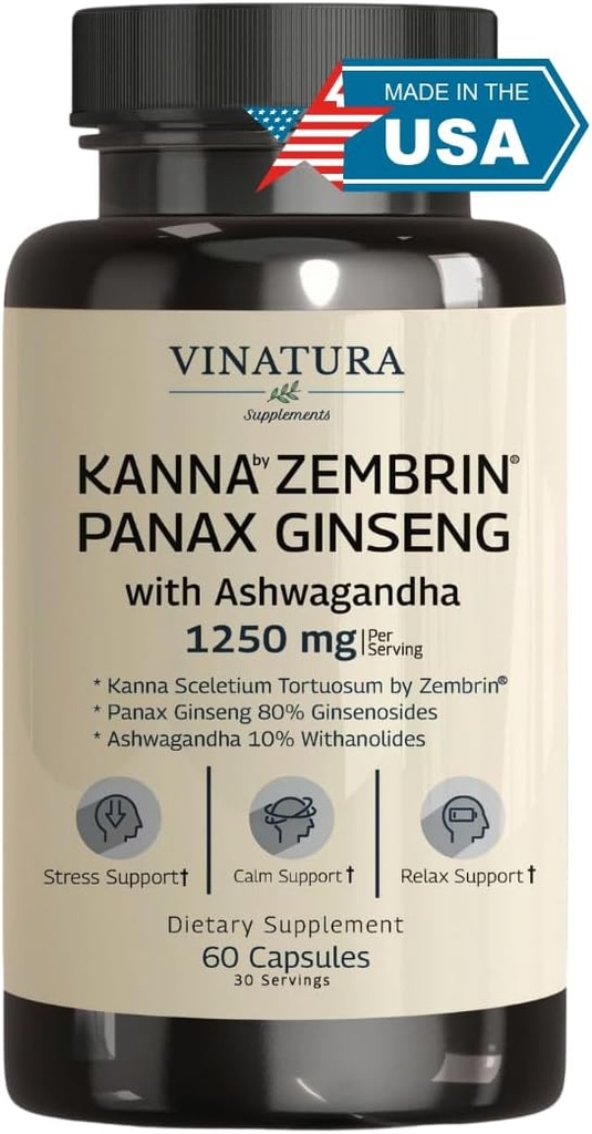 VINATURA Kanna Zembrin Sceletium Tortuosum - 50mg Kanna/Serving, cu Ashwagandha, Ginseng * Brain Health, Stressse Relief Support* Panax Ginseng 80% Ginsenozids Ashwagandha Capsule 10% Witanolide