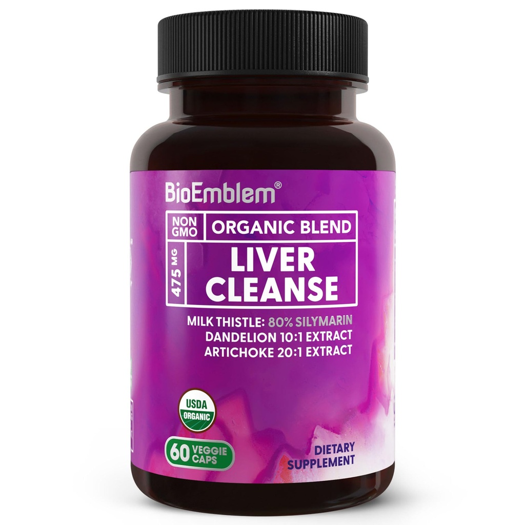 BioEmblem USDA Organic Liver Cleanse - 80% Silymarin Milk Thistle Extract pentru sanatatea ficatului si functia ficatului cu extractii de Dandelion si Artichoke - 100% Vegan, Non-GMO - Ficat vegetal - 60 capsule