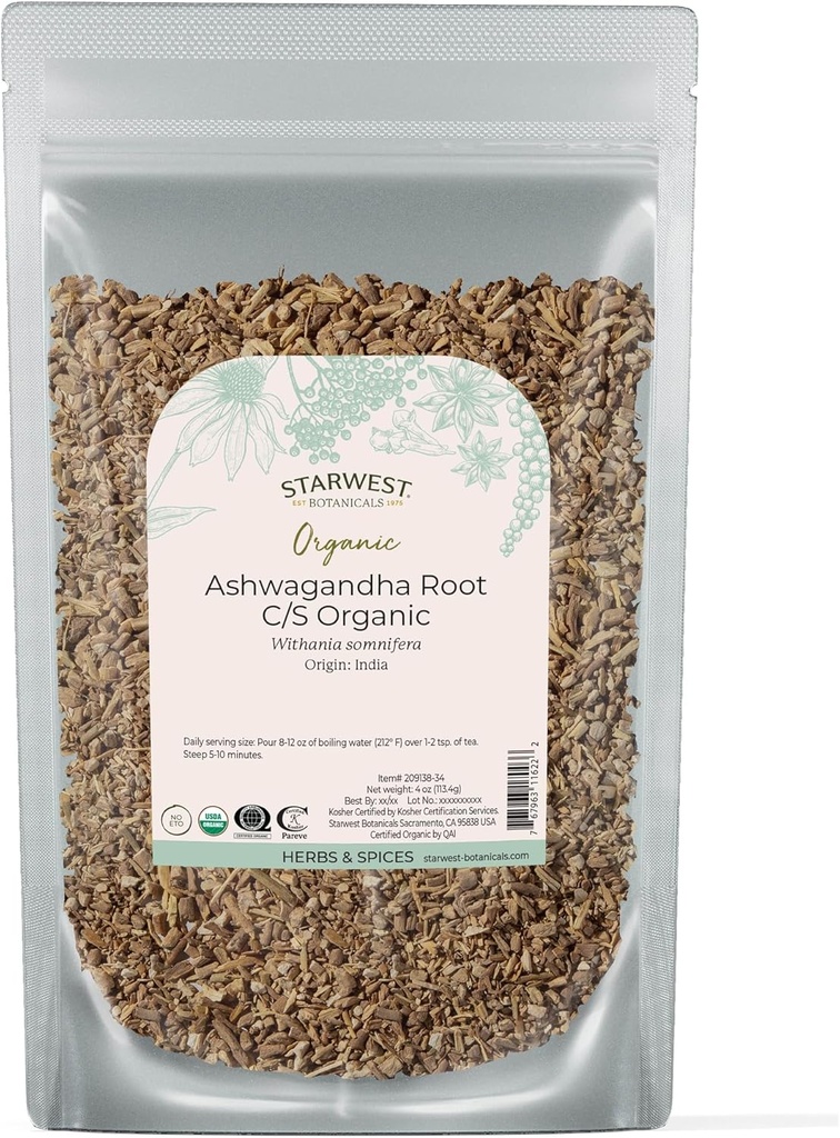 Starwest Botanicals Organic Ashwagandha Root for Women & Men - Herb uscat pentru ceai, capsule, & Natural Herbal Blends, Cut & Sifted, Certified Kosher, Non-GMO - 4 oz Pouch