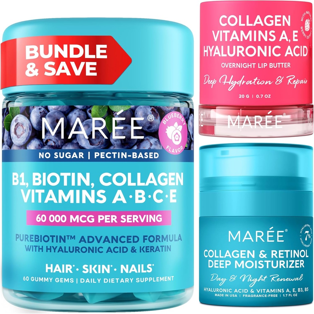 MAREE Bundle - Vitamina B1 Tiamine Gummies, Lip Mask, Face Moisturizer - A, E, D, C Vitamine - Colagen & Acid hialuronic, Retinol- Complex pentru piele, Nails, Păr - Mască pentru buze uscate - Aging Cream