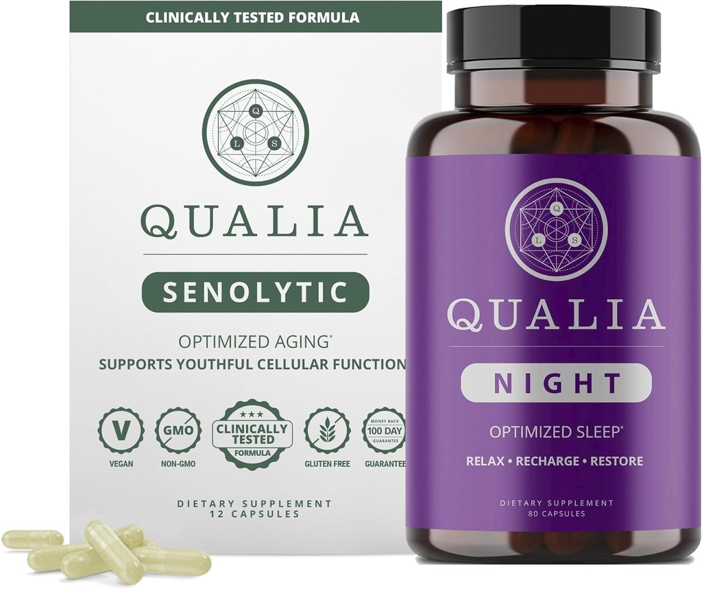 Qualia Life Sciences Bundle Qualia Night & Qualia Senolitic, Stiinta-Backed Suplimente pentru somn revigorant profund și repararea optimă a celulelor