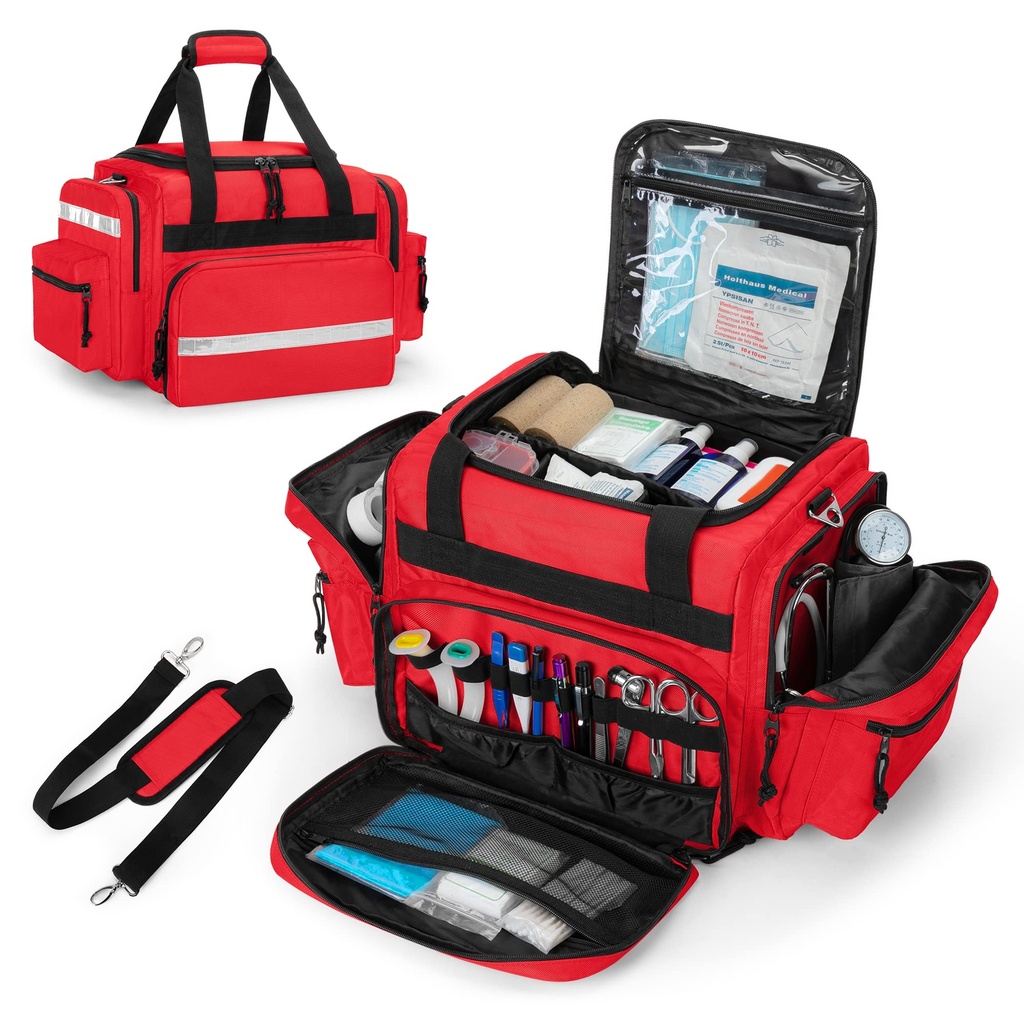 Damero profesionale sac medical gol, primul respondent Trauma sac cu divideri detaşabile pentru îngrijire medicală acasă, EMT, EMS, roşu (Bag DOAR)