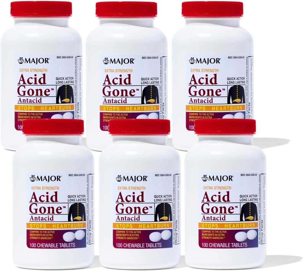 Acid major Gone extra Putere Antiacid Tablete masticabile - Relief anti-acid - Acid Reflux Medicina pentru adulți - Supărat Stomac, Acid Indigestie, și Arsuri la stomac - Lungime-Lasă - 100-Count (6 Pachet)