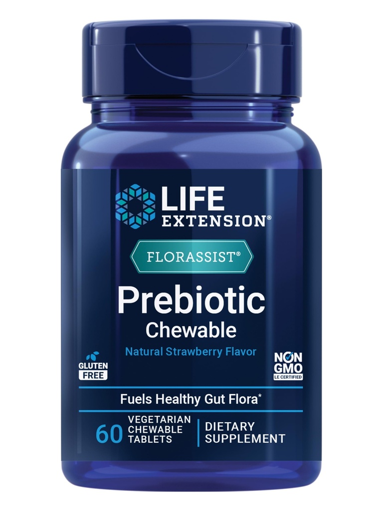 Life Extensie FLORASIST® Prebiotic Chewable (Strawberry), 1000 mg xylooligosauccharide, Prebiotic Supliment oferă combustibil pentru Gut Flora, Gluten-Free, non-GMO, Vegetarian, 60 comprimate masticabile