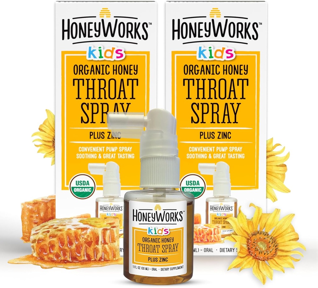 HoneyWorks Kids Ghroat Spray pentru Sore Ghroat Relief, 1 Oz (Pachetul de 2) Soothing non-GMO USDA Organic Dark Honey + Zinc, Rapid-Actor Relief, 12 luni.