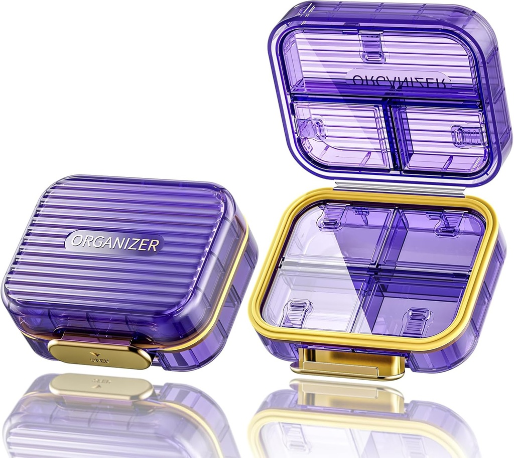 Acedada cutie pilula mica, Organizator Pilula de călătorie, Compact 7-compact Pilula rezistent la umiditate pentru Purse, Chic Daily Pill Container, Portable Medicine & Vitamina Detinator pentru ulei de pește și suplimente, Purple