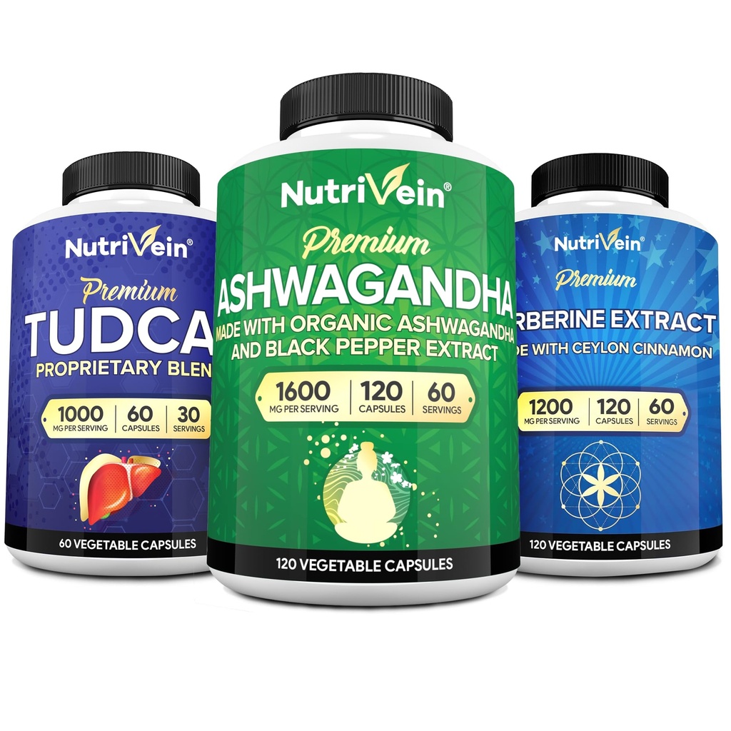 Nutrivein Premium TUDCA, Berberine Suplimente, și Ashwagandha Suplimente Bundle: Complex Berberine de mare absorbție, extract rădăcină Ashwagandha, & TUDCA pentru detox, Vitality & Well-Being