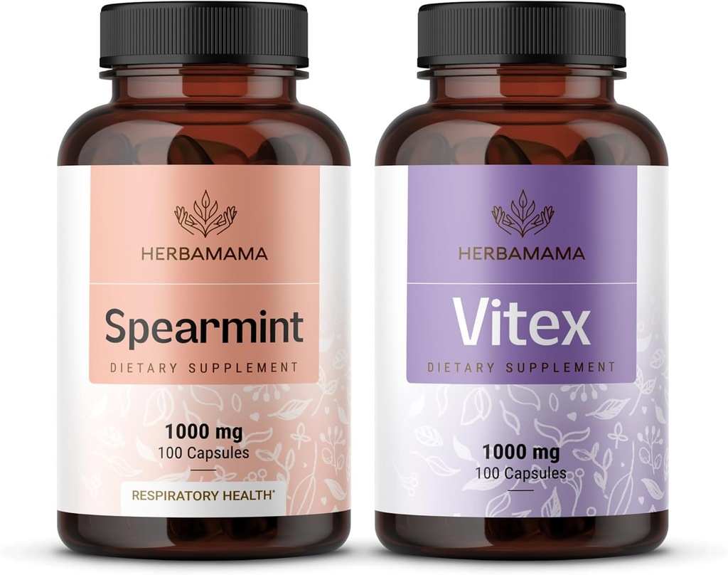HERBAMAMA Spearmint și Kit Vitex - Bundle of 1000 mg Spearmint Leaf & Vitex Chasteberry Capsule - Vegan, Non-GMO, Gelatină-Free - 2 Pack