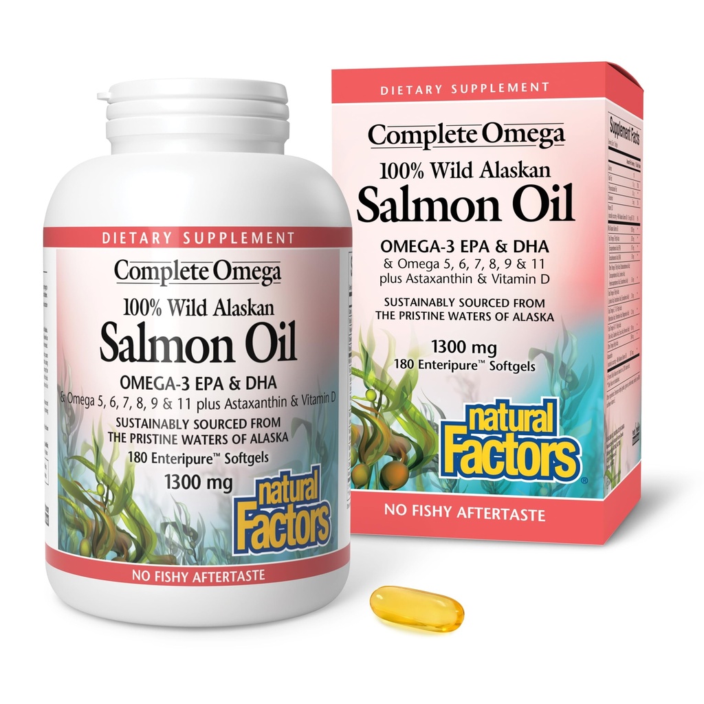 Omega completă de factori naturali, ulei de somon sălbatic Alaskan, susține Heart and Brain Health cu Omega-3 DHA și EPA, 180 softgels (180 portii)