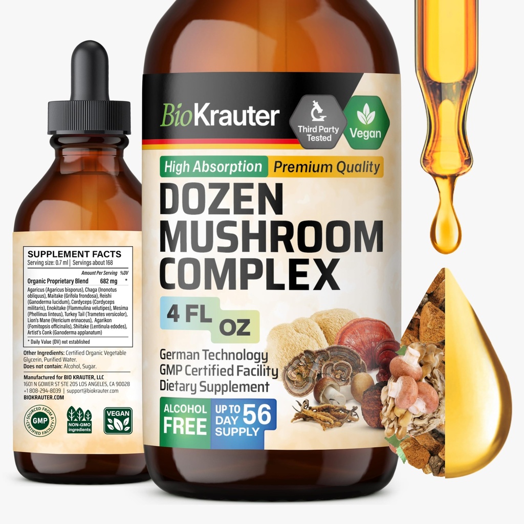 BIO KRAUTER Dozen Mushroom Tincture - Immune Supplement Drops - Promovează suport digestiv și cognitiv - non-GMO, Formula de apărare pentru imunitate lichidă - 4 fl. oz Sticla
