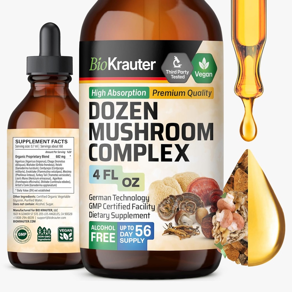 BIO KRAUTER Dozen Mushroom Tincture - Immune Supplement Drops - Promovează suport digestiv și cognitiv - non-GMO, Formula de apărare pentru imunitate lichidă - 4 fl. oz Sticla