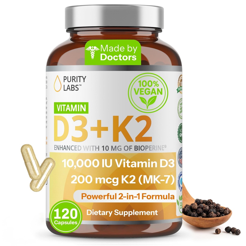 Puritate Labs Vitamina D3 K2 10000 UI, (250mcg) D3 + 200mcg K2 MK7 - Suplimentul de suport imun îmbunătățit cu Bioperina - Suplimente pentru apărare zilnică, oase, mușchi și sănătatea pielii - 120 capsule