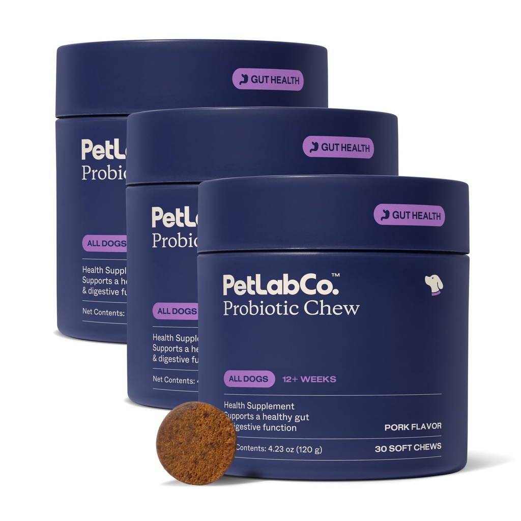 PetLab Co. Probiotice pentru câini, Suport Sanatate Gut, Diaree ocazionala, Digestive Health & Alergii sezoniere - Pork Flavor - 30 Soft Chews - Package May Vary (Value 3-Pack)