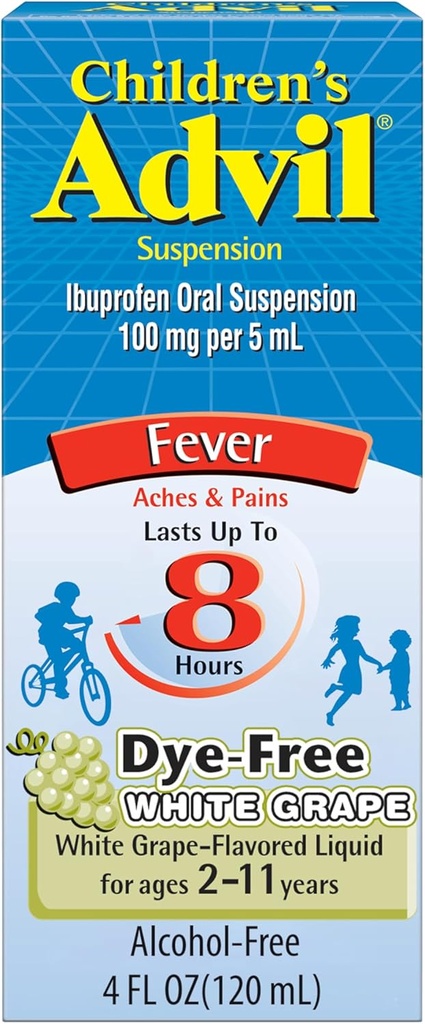 Copii Advil Pain Reliever și Reductor Fever, Ibuprofen gratuit pentru copii pentru ameliorarea durerii, Ibuprofen lichid pentru copii, struguri albi - 4 Fl Oz