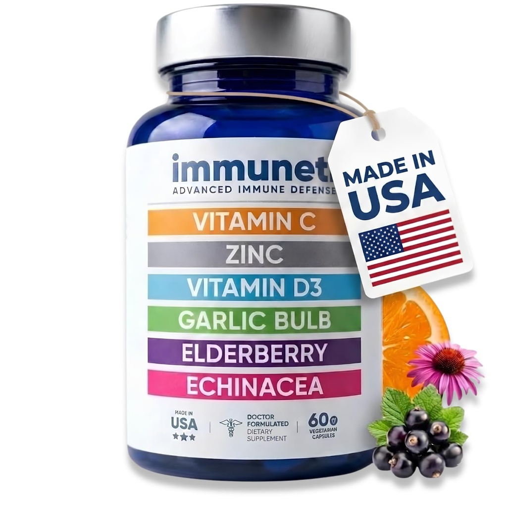 Immuneti - Advanced Immune Defense, 6-in-1 Powerful Blend of Vitamina C, Vitamina D3, Zinc, Elderberberries, Usturoi Bulb, Echinacea - Sustine sanatatea generala, Provoaca nutrienti vitali si antioxidanti