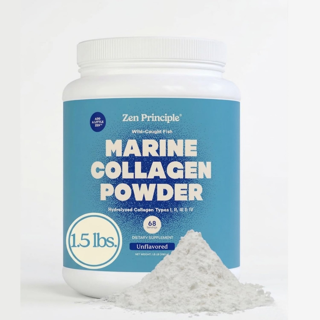 Zen Principiul Marine Colagen Peptides Powder 1.5 lb. Peşte sălbatic, non-GMO. Sprijină sănătos piele, păr, articulaţii şi oase. Hidroliză de tip 1 şi 3 proteine. Aminoacidi. Fără aromă, uşor de amestecat.