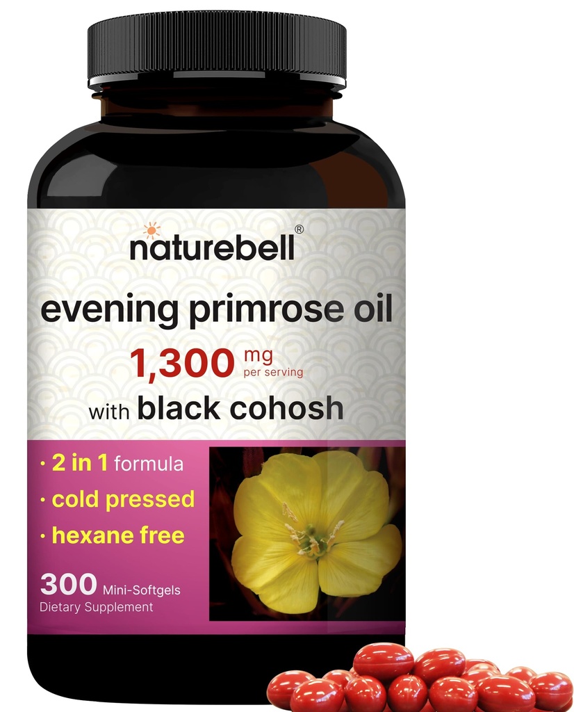 NatureBell Seara Primrose Ulei cu negru Cohosh, 1.300mg Per Serving, 300 Mini-Softgels 