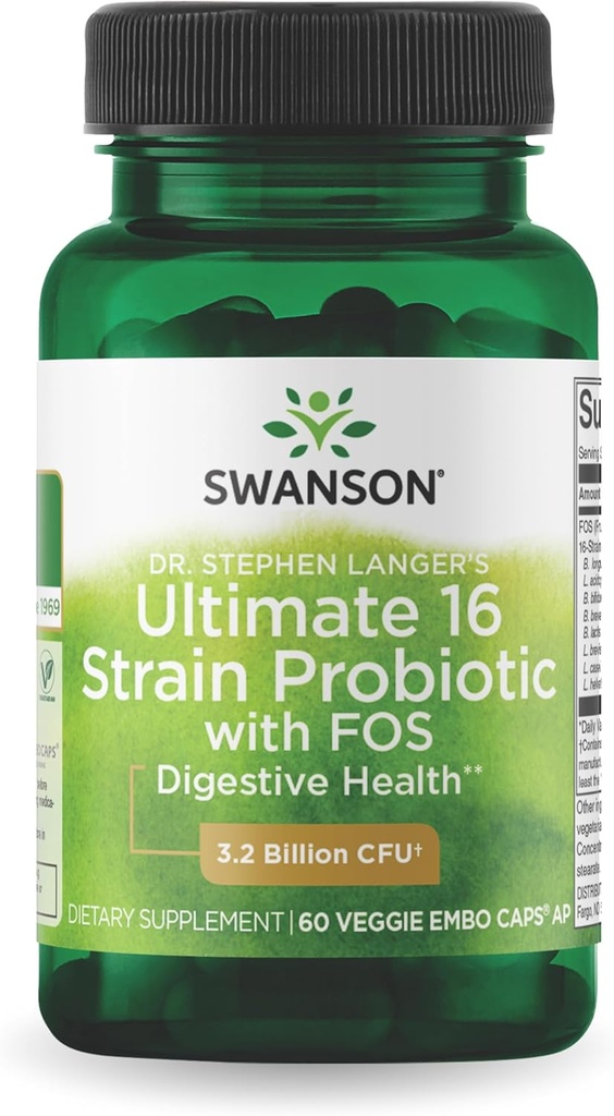 Swanson Dr. Stephen Langer's Formula - Natural Probiotic w/Prebiotic FOS - 16-Strain Supplement Promoving Digestive Support w/ 3.2 Miliarde CFU per capsulă - (60 Veggie Capsule)
