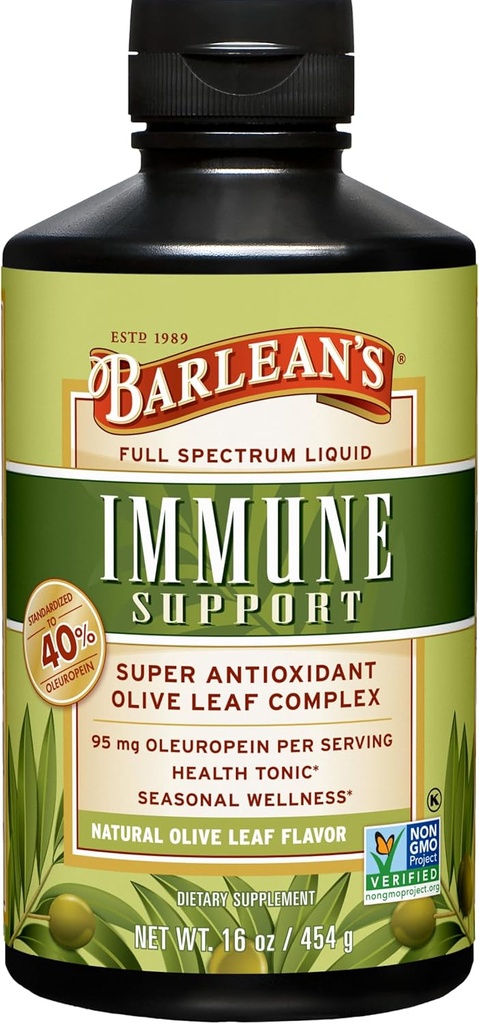 Barlean Olive Leaf Complex de suport imunitar lichid Supliment cu 95mg Antioxidanti Oleuropein pentru Wellness sezoniere, Heart Health, & Immune System Booster, 16 Ounce